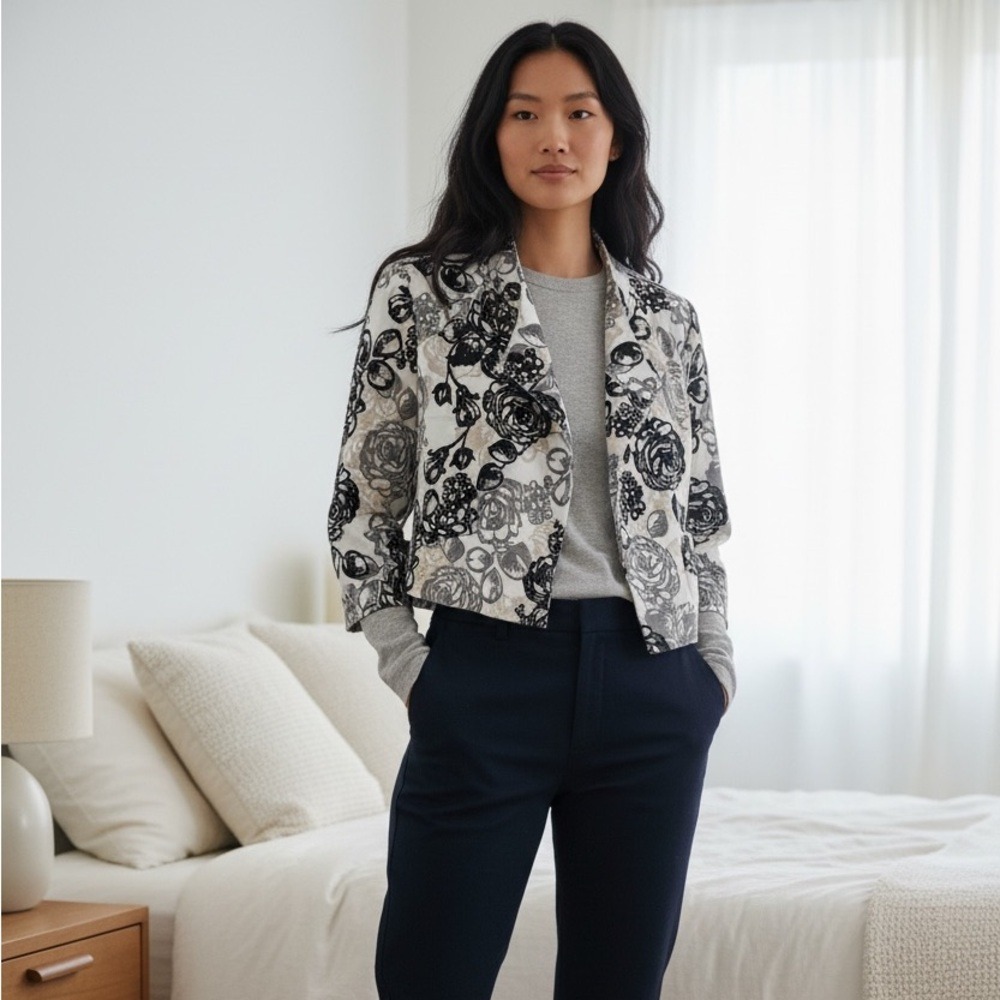 Carole Little Black & White Floral Linen Boho Cottagecore Blazer Jacket Classic‎